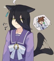 Rule 34 | 2girls, :t, agnes tachyon (umamusume), ahoge, animal ears, annoyed, arms up, black hair, bow, bowtie, brown background, brown hair, cat ears, cat girl, chibi, chibi inset, coat, collarbone, ear tag, earrings, ears down, erlenmeyer flask, flask, frown, hair between eyes, holding, holding flask, holding test tube, horse ears, horse girl, huge ahoge, image in speech bubble, jewelry, lab coat, long bangs, long hair, long hair between eyes, long sleeves, manhattan cafe (umamusume), medium hair, multiple girls, okimoto, open clothes, open coat, open mouth, purple serafuku, purple shirt, purple skirt, sailor collar, sailor shirt, school uniform, serafuku, shirt, short hair, sidelocks, simple background, single earring, skirt, sleeves past fingers, sleeves past wrists, smile, solo focus, speech bubble, tail, tail wagging, test tube, tracen school uniform, umamusume, very long hair, white bow, white bowtie, white coat, white hair, winter uniform, yellow eyes