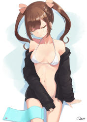 Rule 34 | 1girl, arm at side, artist name, bad id, bad pixiv id, bare shoulders, bikini, bikini under clothes, blue background, breasts, breasts apart, brown hair, closed eyes, closed mouth, collarbone, commentary request, facing viewer, hair ribbon, head tilt, highres, long hair, long sleeves, medium breasts, micro bikini, morinaga miu, morinaga miu channel, navel, no pants, off shoulder, pink ribbon, retorillo, ribbon, sitting, sleeping, sleeping upright, sleeves past wrists, solo, stomach, swimsuit, towel, twintails, two-tone background, unzipped, virtual youtuber, white bikini, zipper, zipper pull tab
