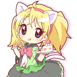 Rule 34 | 1girl, :q, animal ears, blonde hair, blue eyes, blush, cake, cat ears, cat tail, chibi, dress, earrings, eating, food, fork, jewelpet (series), jewelpet twinkle, jewelry, looking at viewer, mirai (sugar), miria marigold mackenzie, ribbon, shadow, simple background, smile, solo, tail, tongue, tongue out, twintails, white background