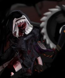 Rule 34 | 1girl, absurdres, arknights, black dress, blood, blood on clothes, circular saw, crazy smile, dress, glowing, glowing eyes, highres, holding, holding weapon, ka keo, nun, red hair, saw, shaded face, smile, specter (arknights), teeth, weapon, white hair