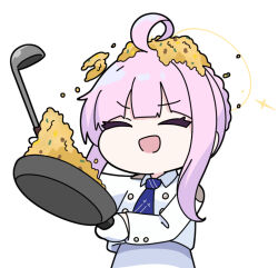 Rule 34 | 1girl, :d, ^ ^, ahoge, blue archive, blue necktie, chibi, closed eyes, collared shirt, commentary request, food, food on head, fried rice, frying pan, halo, holding, kaya (blue archive), ladle, long hair, necktie, nyaru (nyaru 4126), object on head, open mouth, pink hair, shirt, sidelocks, simple background, skirt, smile, solo, v-shaped eyebrows, white background, white shirt, white skirt