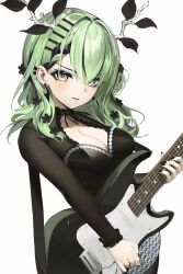 Rule 34 | 1girl, absurdres, alternate costume, alternate hairstyle, antlers, black dress, black hair, black hairband, blush, braid, breasts, ceres fauna, cleavage, commentary, dress, earrings, english commentary, flower, frilled sleeves, frills, frown, goth fashion, green hair, guitar, hair flower, hair ornament, hairband, highres, hololive, hololive english, horns, houndstooth, instrument, jewelry, juffles, long hair, long sleeves, looking at viewer, medium breasts, mole, mole under eye, plectrum, side braid, simple background, solo, upper body, virtual youtuber, white background, yellow eyes