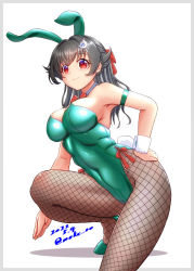 Rule 34 | 1girl, alternate hairstyle, animal ears, black hair, black pantyhose, bow, bowtie, breasts, cowboy shot, dated, detached collar, fake animal ears, fake tail, fishnet pantyhose, fishnets, green footwear, green leotard, hair between eyes, hair flaps, hair ornament, hairclip, hand on own thigh, high heels, jingei (kancolle), kantai collection, large breasts, leotard, long hair, looking at viewer, moke ro, pantyhose, playboy bunny, rabbit ears, rabbit tail, red eyes, sign, simple background, solo, strapless, strapless leotard, tail, traditional bowtie, whale hair ornament, white background, wrist cuffs