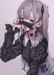 Rule 34 | 1girl, absurdres, black nails, black ribbon, black shirt, center frills, collar, commentary request, earrings, frills, grey background, grey eyes, grey hair, hair ribbon, hand up, highres, holding, jewelry, koh (minagi kou), long hair, long sleeves, long tongue, looking at viewer, mask, mask lift, mouth mask, nail polish, open mouth, original, ribbon, shirt, side ponytail, simple background, skirt, solo, teeth, tongue, tongue out, upper body, upper teeth only