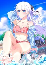 Rule 34 | 1girl, adjusting hair, alternate costume, alternate hairstyle, arm at side, arm up, bare legs, bare shoulders, barefoot, bikini, blue eyes, blue hoodie, blue sky, blurry, blush, breasts, cleavage, closed mouth, cloud, collarbone, commentary request, contrail, cumulonimbus cloud, curvy, day, depth of field, eyes visible through hair, floating hair, foot out of frame, foreshortening, frown, hair behind ear, hair between eyes, hair ornament, hairclip, halterneck, highleg, highleg bikini, highres, hood, hoodie, jitome, knee up, kyamiuu, legs, lens flare, long hair, looking at viewer, medium breasts, naruse shiroha, navel, open clothes, open hoodie, outdoors, pink bikini, rainbow, sandals, side-tie bikini bottom, sitting, sky, soaking feet, solo, split mouth, summer pockets, swimsuit, thighs, unworn sandals, very long hair, water drop, white bikini, white footwear, white hair