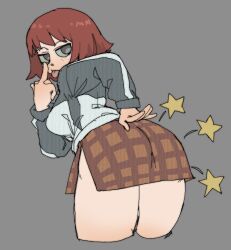 Rule 34 | 1girl, ass, ass focus, bob cut, breasts, come hither, cropped legs, eyelid pull, from behind, grey background, highres, kim pine, large breasts, long sleeves, looking at viewer, looking back, middle finger, pantsu-ripper, red hair, scott pilgrim (series), short hair, sideboob, simple background, solo, spanked, spanking, spanking self, star (symbol), teasing
