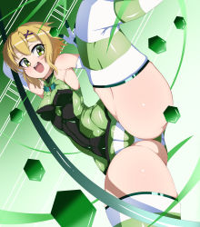 Rule 34 | 1girl, abiko zyozi, absurdres, akatsuki kirika, ass, bad id, bad pixiv id, blonde hair, blush, breasts, cameltoe, cleft of venus, commentary request, covered erect nipples, covered navel, elbow gloves, gloves, green eyes, green leotard, hair ornament, highres, impossible clothes, impossible leotard, latex, leotard, looking at viewer, medium breasts, pole dancing, scythe, senki zesshou symphogear, shiny clothes, shiny skin, short hair, skin tight, solo, spread legs, striped clothes, striped thighhighs, thighhighs, x hair ornament