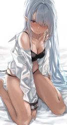 Rule 34 | 1girl, bed sheet, between legs, black bra, black panties, blue archive, bra, breasts, cleavage, closed mouth, collarbone, demon tail, grey hair, hair over one eye, hand between legs, hand on own ankle, highres, iori (blue archive), long hair, long sleeves, looking at viewer, open clothes, open shirt, panties, pointy ears, ponpon nun, red eyes, shirt, sitting, small breasts, solo, tail, thighs, underwear, wariza, white shirt