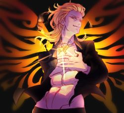 Rule 34 | 1boy, abs, black coat, blonde hair, butterfly necklace, butterfly wings, coat, energy, eyebrows, eyelashes, glowing, highres, insect wings, jewelry, male focus, necklace, no shirt, shiba (ntwewy), shin subarashiki kono sekai, smile, solo, solo focus, subarashiki kono sekai, sunglasses, upper body, wings