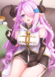 Rule 34 | 1girl, absurdres, asymmetrical gloves, blue eyes, braid, breasts, brown gloves, button gap, character doll, cleavage, couch, crown braid, draph, elbow gloves, fingerless gloves, gloves, gran (granblue fantasy), granblue fantasy, hair ornament, hair over one eye, hairclip, heart, heart-shaped pupils, highres, horns, lap pillow invitation, large breasts, light purple hair, long hair, mimikaki, mismatched gloves, narmaya (granblue fantasy), on couch, open mouth, pointy ears, sakurahuji-iro, sitting, sleeveless, sleeveless jacket, smile, solo, symbol-shaped pupils, thighs, very long hair