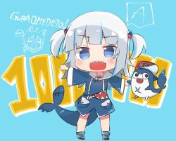 Rule 34 | 2girls, ahoge, animal ears, bloop (gawr gura), blue background, blue eyes, blue hoodie, braid, chibi, commentary request, fins, fish tail, fox ears, fox girl, gawr gura, gawr gura (1st costume), hair ornament, highres, hololive, hololive english, hood, hood down, hoodie, looking at viewer, making-of available, multiple girls, open mouth, outstretched arms, shark girl, shark tail, sharp teeth, shirakami fubuki, shirakami fubuki (artist), sidelocks, silver hair, simple background, single braid, tail, teeth, two side up, virtual youtuber