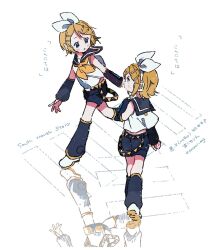 Rule 34 | 2girls, back, bare shoulders, blonde hair, blue eyes, blush, bow, crop top, crosswalk, curious, detached sleeves, dual persona, evillious nendaiki, eye contact, hair bow, hair ornament, hairclip, hazime, headphones, headset, highres, kagamine rin, leg warmers, looking at another, looking to the side, midriff peek, multiple girls, neckerchief, reflection, reflective floor, sailor collar, shirt, shoes, shorts, sleeveless, sleeveless shirt, sneakers, south north story (vocaloid), surprised, tiptoes, vocaloid, walking, white bow, yellow neckerchief