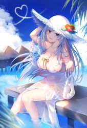 Rule 34 | 1girl, :d, absurdres, arm up, armpits, bare arms, bare legs, bare shoulders, blue hair, breasts, cleavage, cloud, collarbone, contrail, covered navel, dress, emori miku, flower, unworn footwear, halter dress, halterneck, hat, hat flower, heart, heart-shaped pupils, high heels, highres, holding, large breasts, liver city, long hair, looking at viewer, miko (royal milk), open mouth, purple eyes, sandals, unworn sandals, sitting, sleeveless, sleeveless dress, smile, solo, strap gap, straw hat, symbol-shaped pupils, very long hair, water, wet, white dress, white footwear
