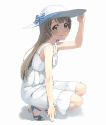 Rule 34 | 10s, 1girl, blush, brown hair, dress, full body, getsumen, hand on headwear, hat, highres, long hair, looking at viewer, love live!, love live! school idol festival, love live! school idol project, minami kotori, sandals, simple background, smile, solo, squatting, sun hat, sundress, white background, white dress, yellow eyes