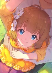 Rule 34 | 1boy, 1girl, ahoge, blue eyes, brown hair, commentary request, flower, hair flower, hair ornament, highres, idolmaster, idolmaster million live!, looking at viewer, pants, pov, pov hands, red pants, shirt, short hair, sitting, sitting on lap, sitting on person, smile, suou momoko, tomamatto, white shirt, yellow shirt