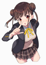 Rule 34 | 1girl, :o, blazer, blush, braid, breasts, brown hair, brown skirt, cropped legs, finger to mouth, highres, idolmaster, idolmaster shiny colors, jacket, kemololi, looking at viewer, medium breasts, neck ribbon, plaid, plaid skirt, pleated skirt, ribbon, school uniform, skirt, solo, sonoda chiyoko, twin braids, twintails, vest, yellow ribbon