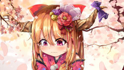 Rule 34 | 1girl, absurdres, alternate costume, mismatched irises, blurry, blurry background, blush, branch, cherry blossoms, commentary request, crying, crying with eyes open, day, detached sleeves, eyes visible through hair, floral print, flower, hair between eyes, hair flower, hair ornament, hair ribbon, highres, horn ornament, horn ribbon, horns, ibuki suika, ilias 005, japanese clothes, kimono, long hair, looking down, outdoors, petals, pointy ears, red eyes, ribbon, solo, standing, tareme, tears, touhou, upper body, very long hair, wavy mouth