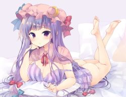 Rule 34 | 1girl, :/, absurdres, adapted costume, ass, barefoot, bed sheet, blue bow, blunt bangs, bottomless, bow, breasts, cleavage, closed mouth, colored stripes, crescent, frilled hat, frills, full body, hair bow, hand on own cheek, hand on own face, hat, highres, irone (miyamiya38), kneepits, legs up, long hair, looking at viewer, low-tied long hair, lying, mob cap, no bra, no panties, on bed, on stomach, patchouli knowledge, pillow, pink hat, purple background, purple eyes, purple hair, red bow, shiny skin, simple background, soles, solo, strap slip, striped, the pose, touhou, vertical stripes, very long hair, wing collar