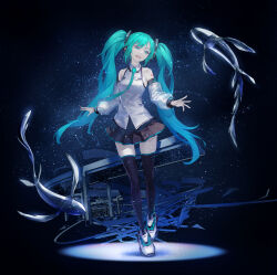 Rule 34 | 1girl, absurdres, aqua eyes, aqua hair, bare shoulders, detached sleeves, fish, hatsune miku, headphones, highres, last night good night (vocaloid), long hair, necktie, number tattoo, open mouth, pleated skirt, redjuice, skirt, smile, solo, tattoo, thighhighs, twintails, very long hair, vocaloid