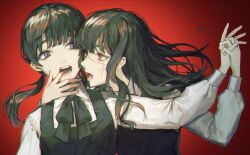 Rule 34 | 2girls, black dress, black hair, blunt bangs, chainsaw man, collared shirt, dress, dual persona, eye contact, facial scar, finger in another&#039;s mouth, floating hair, gradient background, heads together, highres, holding hands, kotobuki nashiko, long sleeves, looking at another, low twintails, medium hair, mitaka asa, multiple girls, neck ribbon, open mouth, outstretched arm, pinafore dress, portrait, purple eyes, red background, red eyes, ribbon, ringed eyes, saliva, scar, scar on cheek, scar on face, school uniform, shirt, simple background, sleeveless, sleeveless dress, twintails, white shirt, yoru (chainsaw man)