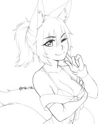 Rule 34 | 1girl, ;), animal ear fluff, animal ears, arm under breasts, bare shoulders, blush, breasts, cleavage, closed mouth, collarbone, commentary, detached sleeves, dress, fox ears, fox girl, fox tail, greyscale, hair between eyes, highres, large breasts, lineart, long sleeves, looking at viewer, medium hair, monochrome, one eye closed, original, ponytail, rob ishi, smile, solo, tail, upper body