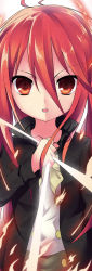 Rule 34 | 1girl, alastor (shakugan no shana), black coat, coat, hair between eyes, highres, holding, jewelry, long hair, long sleeves, looking at viewer, necklace, open clothes, open coat, open mouth, red eyes, red hair, shakugan no shana, shana, shirt, solo, straight hair, th-asary800, upper body, very long hair, white shirt, yellow neckwear