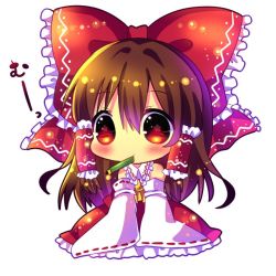 Rule 34 | 1girl, ascot, blush, bow, brown hair, chibi, chocolat (momoiro piano), detached sleeves, hair bow, hair tubes, hakurei reimu, long sleeves, mouth hold, pencil, red eyes, simple background, solo, touhou, white background, wide sleeves