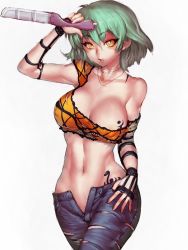 Rule 34 | 10s, 1girl, areola slip, bare shoulders, blade, breast tattoo, breasts, cleavage, contrapposto, covered erect nipples, denim, fumio (rsqkr), green hair, hikage (senran kagura), hip focus, jeans, large breasts, navel, pants, parted lips, senran kagura, simple background, solo, standing, tattoo, torn clothes, torn jeans, torn pants, unzipped, white background, yellow eyes