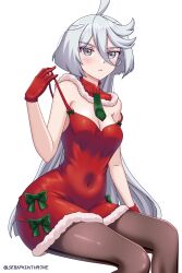 Rule 34 | 1girl, ahoge, alternate costume, bare arms, blush, bow, breasts, brown pantyhose, christmas, cleavage, closed mouth, commentary, covered navel, detached collar, dress, frown, fur trim, gloves, green bow, green necktie, grey eyes, gundam, gundam suisei no majo, hair between eyes, highres, invisible chair, long hair, looking at viewer, miorine rembran, necktie, pantyhose, pulled by self, red dress, red gloves, santa dress, seraphim throne, short necktie, simple background, sitting, small breasts, solo, strap pull, taut clothes, taut dress, very long hair, white background, white hair