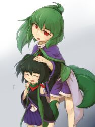 Rule 34 | 2others, adagumo no saragimaru, adagumo no yaorochi, aged down, black hair, black kimono, blue skirt, blush stickers, capelet, clenched hand, closed eyes, collar, collared capelet, detached sleeves, fang, gradient background, green eyes, green scarf, green shirt, hair ornament, hakama, hakama short skirt, hakama skirt, hand on another&#039;s head, hand on another&#039;s shoulder, hand up, highres, japanese clothes, kimono, len&#039;en, long hair, long sleeves, looking at another, multiple others, multiple tails, one side up, open mouth, ponytail, purple capelet, purple shorts, red eyes, red scarf, role reversal, romaji commentary, scarf, shirt, shorts, siblings, side ponytail, skirt, slit pupils, smile, snake hair ornament, snake tail, tail, teeth, upper teeth only, white collar, white trim, wide sleeves, yuejiao tuan