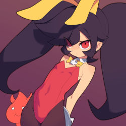 Rule 34 | 1boy, 1girl, :t, animal ears, arms behind back, ashley (warioware), bare shoulders, black hair, black pantyhose, blank eyes, blush, bow, bowtie, closed mouth, collarbone, colored skin, covered navel, cowboy shot, demon boy, detached collar, fake animal ears, flat chest, hairband, holding, holding tray, horns, leaning back, leotard, light blush, long hair, looking at viewer, metata, nintendo, nose blush, outline, pantyhose, playboy bunny, purple background, rabbit ears, red (warioware), red eyes, red horns, red leotard, red skin, sidelocks, simple background, skull, solo focus, standing, strapless, strapless leotard, sweat, swept bangs, tray, twintails, v-shaped eyebrows, warioware, white eyes, wrist cuffs, yellow bow, yellow bowtie, yellow hairband