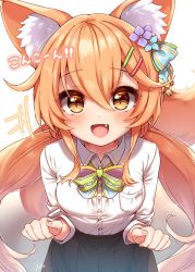 Rule 34 | 1girl, animal ear fluff, animal ears, bell, black skirt, blush, bow, breasts, brown hair, collared shirt, commentary request, fang, flower, fox ears, fox girl, fox tail, hair bell, hair between eyes, hair flower, hair ornament, hairclip, highres, korin (shironeko project), long hair, looking at viewer, open mouth, pleated skirt, shironeko project, shirt, skirt, slit pupils, small breasts, solo, tail, translation request, white background, white shirt, yufukiri