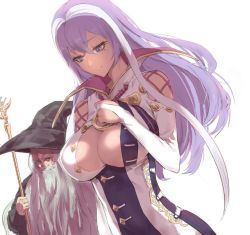 Rule 34 | 1boy, 1girl, breasts, bridal gauntlets, cleavage, closed mouth, clothing cutout, hair between eyes, hat, isabelle (shadowverse), large breasts, long hair, looking at another, multicolored hair, purple eyes, purple hair, samubbitti, shadowverse, shoulder cutout, staff, two-tone hair, upper body, white hair, wizard, wizard hat