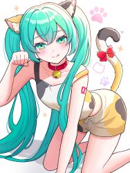 Rule 34 | 1girl, :q, all fours, animal ears, aqua eyes, aqua hair, arm tattoo, bare arms, bare legs, bare shoulders, bell, blush, bow, cat ears, cat girl, cat tail, choker, collarbone, feet out of frame, hair between eyes, hand out of frame, hatsune miku, highres, jingle bell, kemonomimi mode, long hair, looking at viewer, midriff, naughty face, number tattoo, paw pose, paw print, red bow, red choker, shorts, sidelocks, smile, solo, strap slip, tail, tail bow, tail ornament, tank top, tattoo, tongue, tongue out, twintails, uzuki sena, vocaloid, white background, white shorts, white tank top