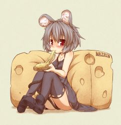 Rule 34 | 1girl, animal ears, ass, blush, cheese, dress, female focus, food, full body, grey hair, kuromiya, mouse ears, nazrin, red eyes, shoes, short hair, sitting, solo, tail, thighhighs, touhou