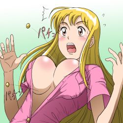Rule 34 | 1girl, akimoto katherine reiko, blonde hair, breasts, brown eyes, bursting breasts, cleavage, gradient background, green background, kochikame, large breasts, long hair, motion lines, no bra, pink shirt, police, police uniform, policewoman, popped button, shirt, short sleeves, simple background, solo, surprised, takaya n, taut clothes, taut shirt, uniform, upper body, wardrobe malfunction