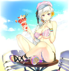Rule 34 | 1girl, bare shoulders, beach, bikini, blue sky, blush, bracelet, breasts, brown scrunchie, chair, cleavage, cloud, cloudy sky, commentary request, day, feet, finger to mouth, flower, food, food on body, fruit, grey hair, hair flower, hair ornament, hat, highres, holding, ice cream, indian style, jewelry, large breasts, long hair, looking at viewer, on table, orange scrunchie, original, peragura, photoshop (medium), pink eyes, ponytail, sandals, scrunchie, side-tie bikini bottom, sitting, sky, solo, spoon, strawberry, striped, swimsuit, table, toes, underboob