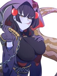 Rule 34 | 1girl, absurdres, black hair, blue skin, breasts, chain, colored skin, conicalart, duel monster, forked tongue, gloves, highres, holding, holding weapon, hood, hood up, impossible clothes, lamia, large breasts, monster girl, ragnaraika chain coils, short hair, solo, tongue, tongue out, weapon, yellow eyes, yu-gi-oh!