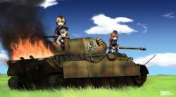 Rule 34 | 3girls, blonde hair, blue eyes, breasts, caterpillar tracks, cloud, day, fire, grass, green eyes, hat, highres, lying, military, military hat, military uniform, military vehicle, motor vehicle, multiple girls, on back, open mouth, original, panther (tank), panther (tank), shirt, short hair, silver hair, sky, tank, tokihama jirou, twintails, uniform, world war ii, yellow eyes