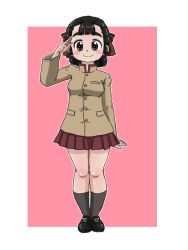 Rule 34 | 1girl, black eyes, black footwear, black hair, black ribbon, black socks, blush stickers, border, brown jacket, chi-hatan school uniform, closed mouth, commentary request, full body, girls und panzer, hair ribbon, half updo, hasegawa tatsu, high collar, jacket, long sleeves, looking at viewer, medium hair, miniskirt, outline, outside border, partial commentary, pink background, pleated skirt, ponytail, red skirt, ribbon, salute, school uniform, shoes, simple background, skirt, smile, socks, solo, standing, takahashi kurage, white background, white border, white outline