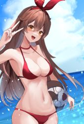Rule 34 | 1girl, :d, absurdres, amber (genshin impact), bare arms, bare shoulders, baron bunny (genshin impact), bikini, blue sky, blush, breasts, brown hair, cloud, collarbone, commentary request, day, genshin impact, hair between eyes, hair ribbon, hand up, head tilt, highres, holding, large breasts, long hair, looking at viewer, navel, ocean, open mouth, red bikini, red ribbon, ribbon, sky, smile, solo, stomach, suma saichi, swimsuit, upper body, v, very long hair, water, yellow eyes