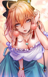 Rule 34 | 1girl, ahoge, artist name, black bow, blonde hair, blue skirt, bow, breasts, casual, cleavage, collarbone, earrings, fate/grand order, fate (series), hair between eyes, hair bow, tucking hair, jewelry, large breasts, leaning forward, looking at viewer, march ab, necklace, off-shoulder blouse, okita souji (fate), okita souji (koha-ace), short hair, sidelocks, skirt, solo, yellow eyes