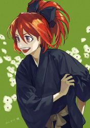 Rule 34 | 1girl, :d, abarai ichika, absurdres, black bow, black kimono, bleach, bow, brown eyes, commentary, floral background, flower, green background, hair bow, high ponytail, highres, japanese clothes, jou (jo jjo), kimono, looking away, open mouth, ponytail, red hair, smile, solo, v-shaped eyebrows, white flower