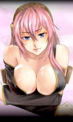Rule 34 | 1girl, bad id, bad pixiv id, bare shoulders, blue eyes, blush, breast hold, breasts, cleavage, collarbone, crossed arms, detached sleeves, covered erect nipples, huge breasts, ikuyoan, megurine luka, pink hair, smile, solo, upper body, vocaloid