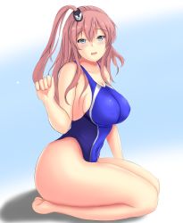 Rule 34 | 1girl, alternate costume, bare shoulders, blue one-piece swimsuit, breasts, brown hair, cleavage, competition swimsuit, covered erect nipples, from side, full body, grey eyes, hair between eyes, highres, impossible clothes, impossible swimsuit, kantai collection, montemasa, one-piece swimsuit, saratoga (kancolle), seiza, side ponytail, sideboob, sitting, smokestack hair ornament, solo, swimsuit, thick thighs, thighs