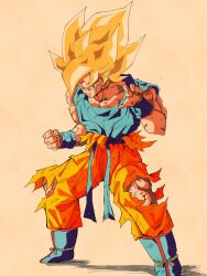 blonde_hair blood blood_from_mouth blue_footwear blue_shirt boots dougi dragon_ball dragonball_z fighting_stance full_body highres medium_hair muscular muscular_male orange_pants pants pato007711 red_eyes shirt simple_background son_goku spiked_hair super_saiyan super_saiyan_1 torn_clothes torn_pants torn_shirt