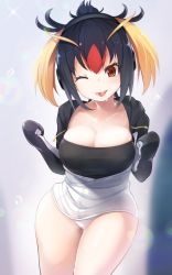 Rule 34 | 10s, 1girl, :p, amekosame, bad id, bad twitter id, bare legs, black hair, blush, breasts, cleavage, clenched hands, collarbone, cropped legs, headphones, hood, hoodie, kemono friends, large breasts, long sleeves, looking at viewer, multicolored hair, one eye closed, panties, pantyshot, red eyes, rockhopper penguin (kemono friends), short twintails, solo, sparkle, standing, tank top, tongue, tongue out, twintails, two-tone hair, underwear, unzipped, white panties