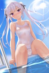 Rule 34 | 1girl, arms at sides, bare shoulders, blue sky, blush, breasts, covered navel, eto, highres, long hair, one-piece swimsuit, original, pool, poolside, purple eyes, silver hair, sitting, sky, small breasts, soaking feet, solo, swimsuit, twintails, white one-piece swimsuit