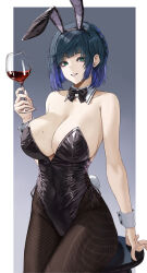 Rule 34 | 1girl, absurdres, alternate costume, animal ears, bare shoulders, black bow, black bowtie, black hairband, black leotard, blue hair, border, bow, bowtie, breasts, brown pantyhose, collarbone, cup, detached collar, dice, drinking glass, fake animal ears, fishnet pantyhose, fishnets, genshin impact, gradient hair, green eyes, green hair, hairband, hand up, highres, holding, holding cup, ki-16, large breasts, leotard, looking at viewer, mole, mole on breast, multicolored hair, pantyhose, parted lips, playboy bunny, purple lips, rabbit ears, rabbit tail, short hair, sitting, solo, stool, tail, white border, wine glass, wrist cuffs, yelan (genshin impact)