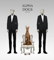 Rule 34 | android, animal, animal head, arms at sides, bone, catlesstail, chair, dog, english text, formal, gradient background, grey background, highres, looking at viewer, no humans, notched ear, original, standing, suit, throne